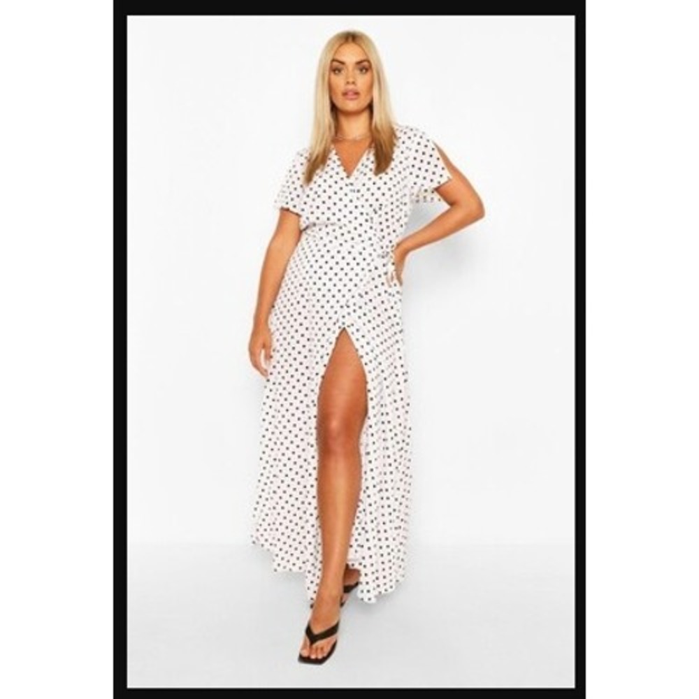 Boohoo Wrap Maxi Dress Womens 24 White Black Polka Dot Short Sleeve Romantic - Picture 4 of 16